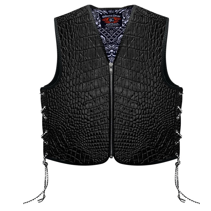 Biker Gear Australia Crocodile Pattern HD Leather Motorcycle Vest Black Front zip