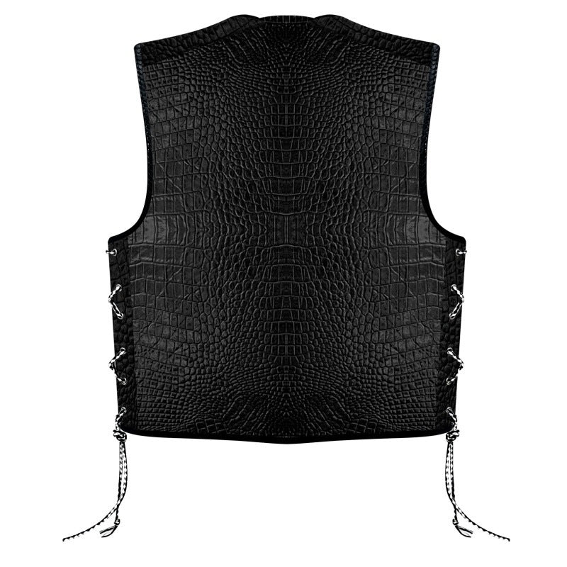 Biker Gear Australia Crocodile Pattern HD Leather Motorcycle Vest Black Front zip - Image 2