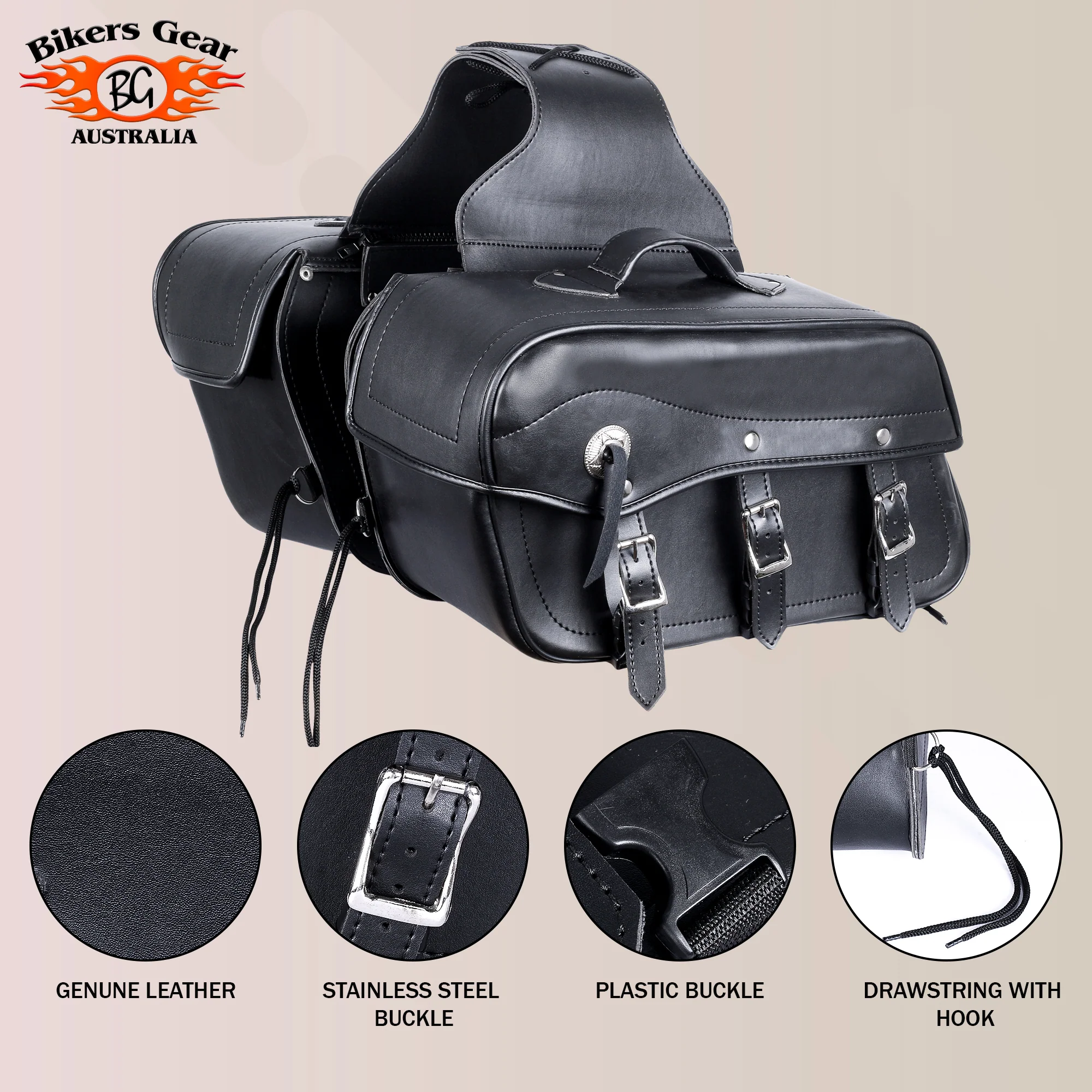 Bikers Gear Australia Fender 3 Buckle Leather Motorcycle Saddlebags Pair PLAIN - Image 7