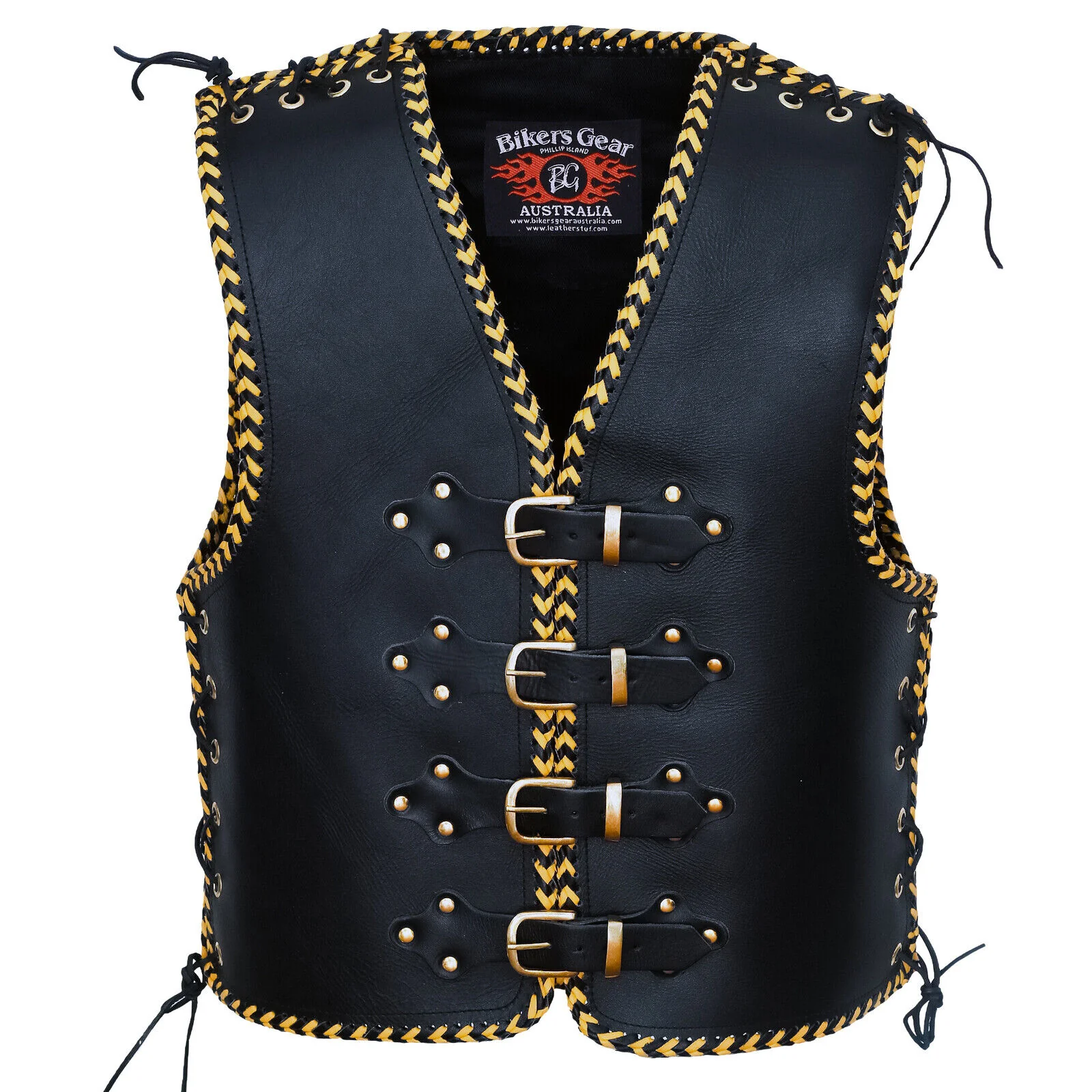 Bikers Gear Australia Voodoo Yellow Braid HD 3-4mm Leather Motorcycle Club Vest Brass Buckles