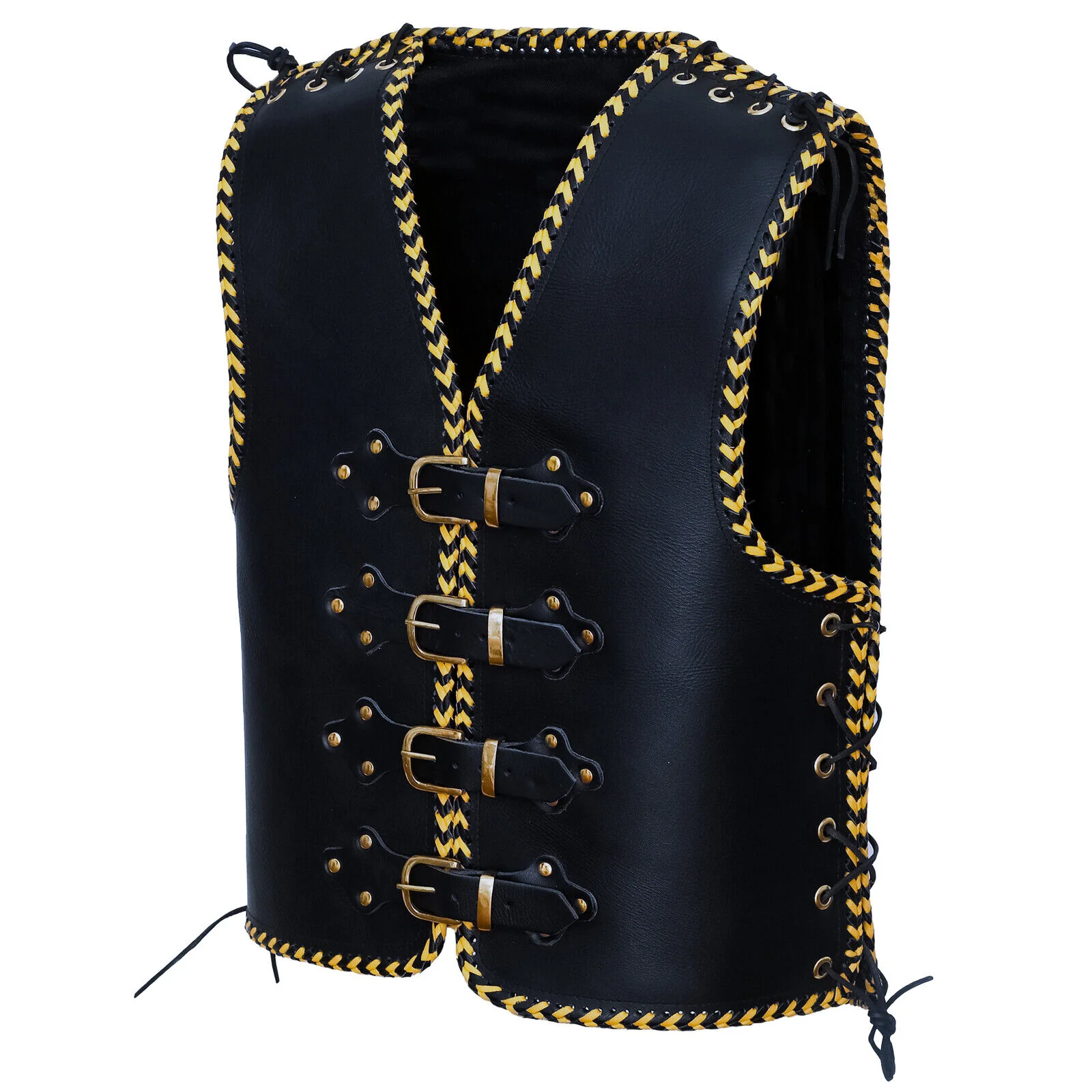 Bikers Gear Australia Voodoo Yellow Braid HD 3-4mm Leather Motorcycle Club Vest Brass Buckles - Image 3