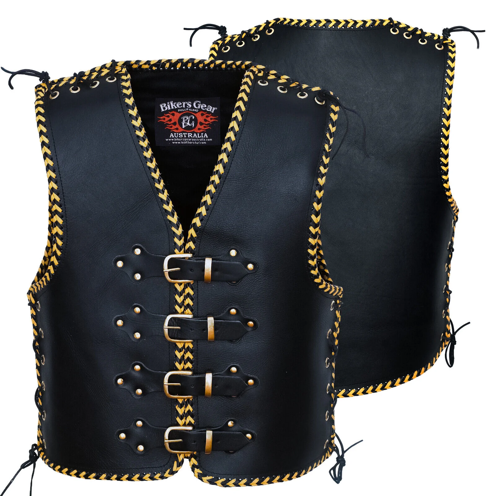 Bikers Gear Australia Voodoo Yellow Braid HD 3-4mm Leather Motorcycle Club Vest Brass Buckles - Image 4