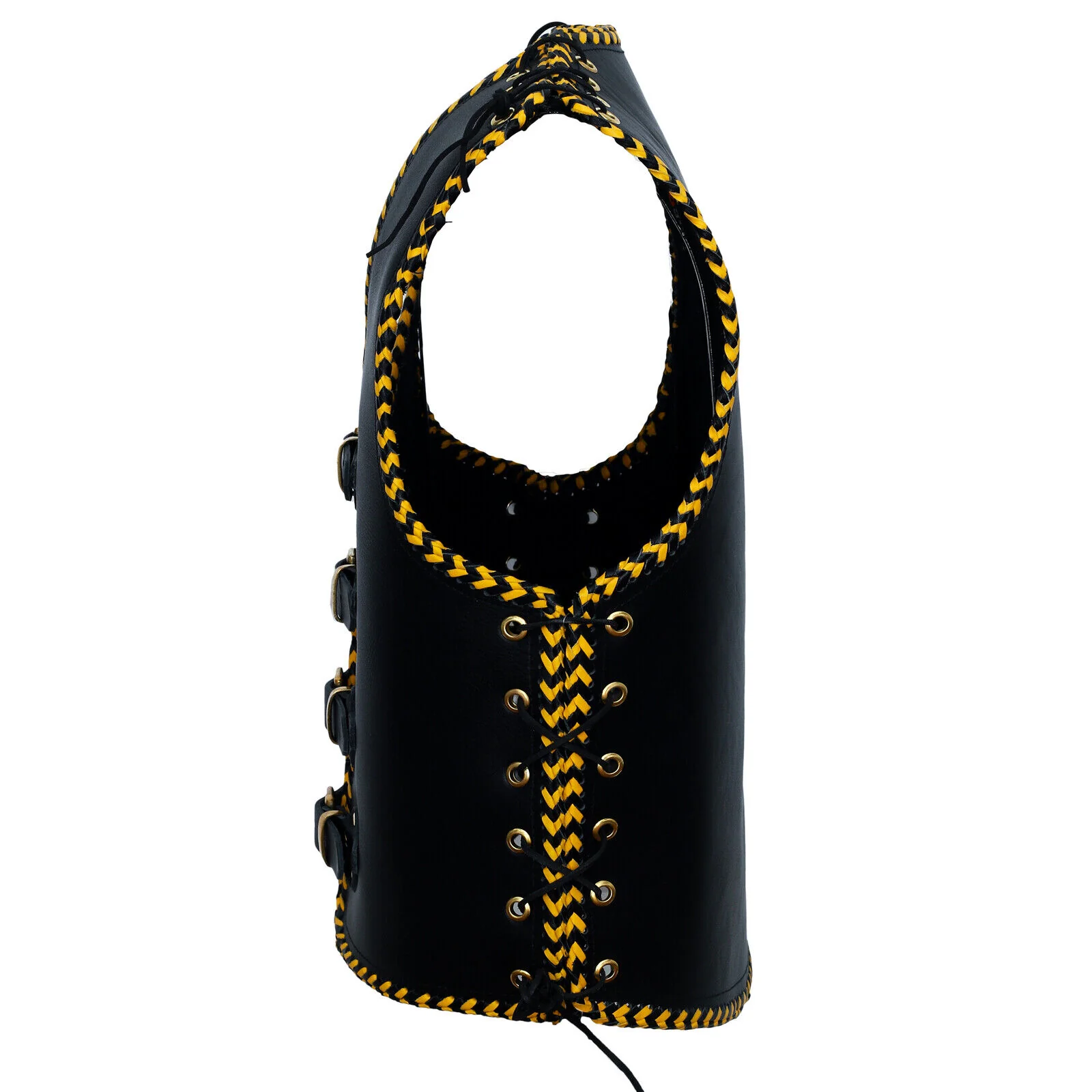 Bikers Gear Australia Voodoo Yellow Braid HD 3-4mm Leather Motorcycle Club Vest Brass Buckles - Image 5