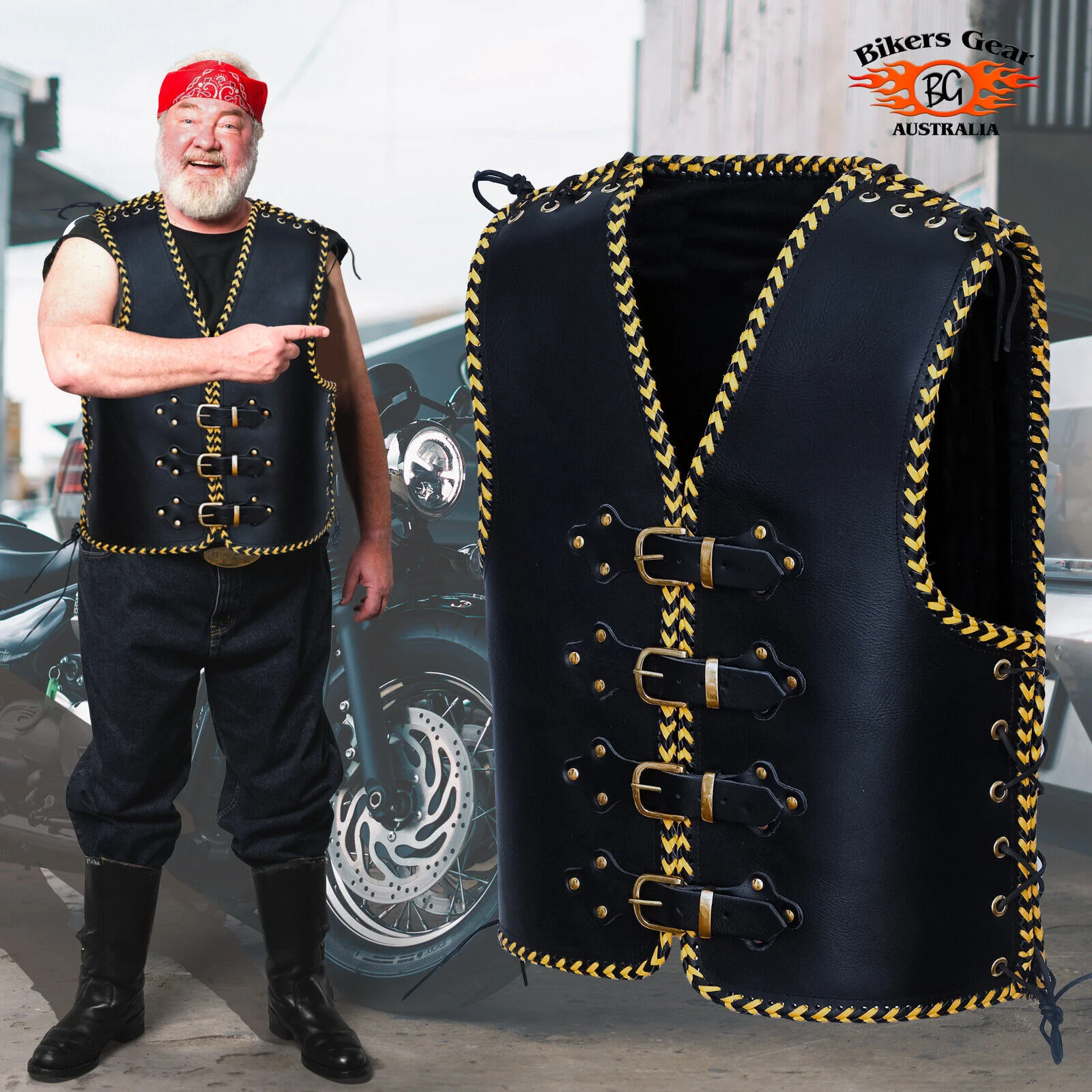 Bikers Gear Australia Voodoo Yellow Braid HD 3-4mm Leather Motorcycle Club Vest Brass Buckles - Image 6