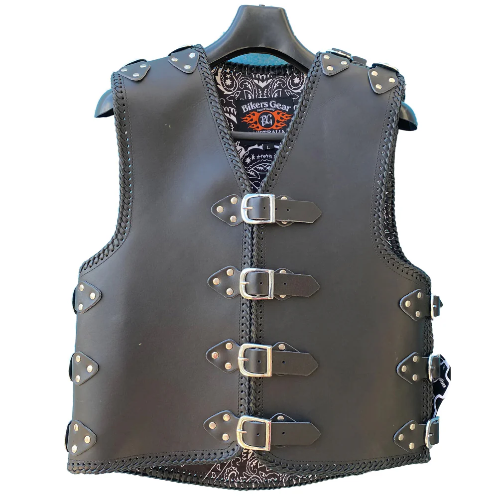 Bikers Gear Australia Atlas 3-4mm HD Braided Leather Motorcycle Buckle Club Vest Black