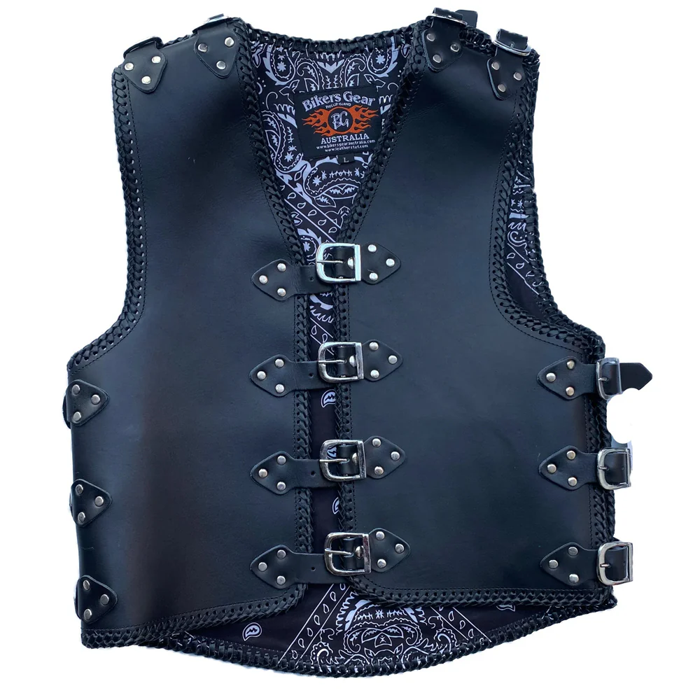 Bikers Gear Australia Atlas 3-4mm HD Braided Leather Motorcycle Buckle Club Vest Black - Image 6