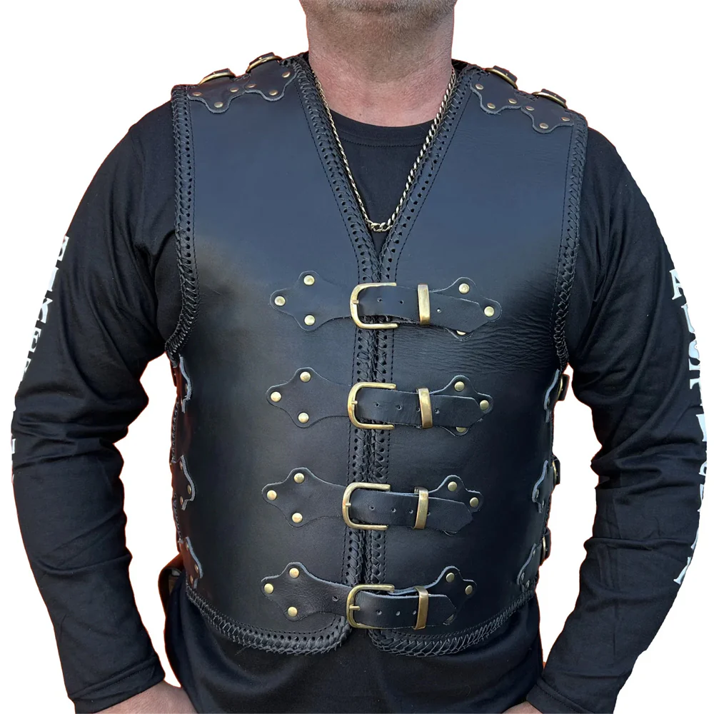 Bikers Gear Australia Atlas 3-4mm HD Leather Black Braided Club Motorcycle Vest Gold Buckles - Image 3