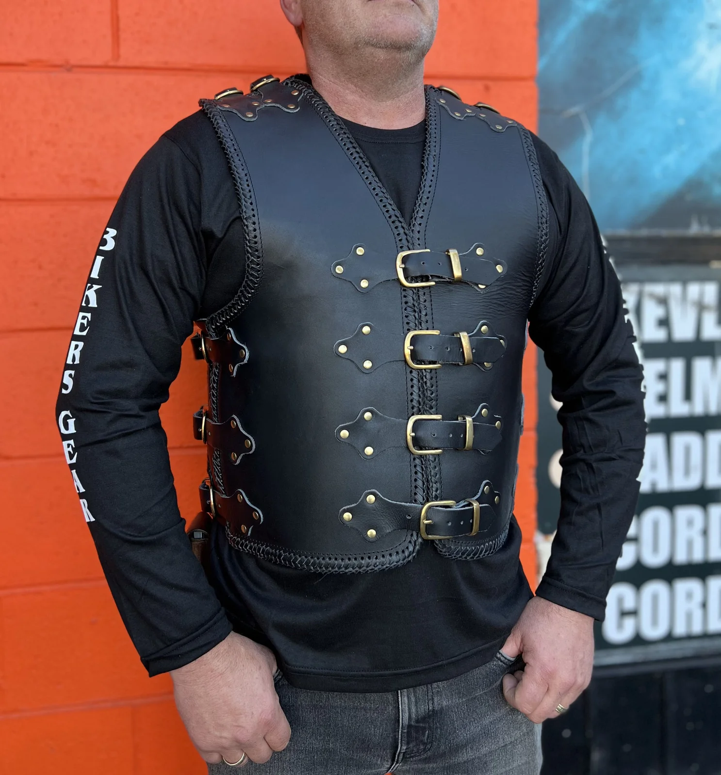 Bikers Gear Australia Atlas 3-4mm HD Leather Black Braided Club Motorcycle Vest Gold Buckles - Image 4