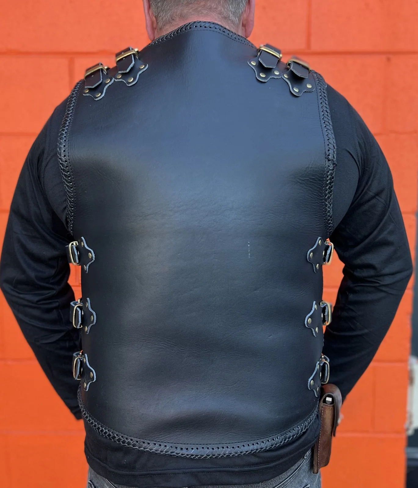 Bikers Gear Australia Atlas 3-4mm HD Leather Black Braided Club Motorcycle Vest Gold Buckles - Image 5