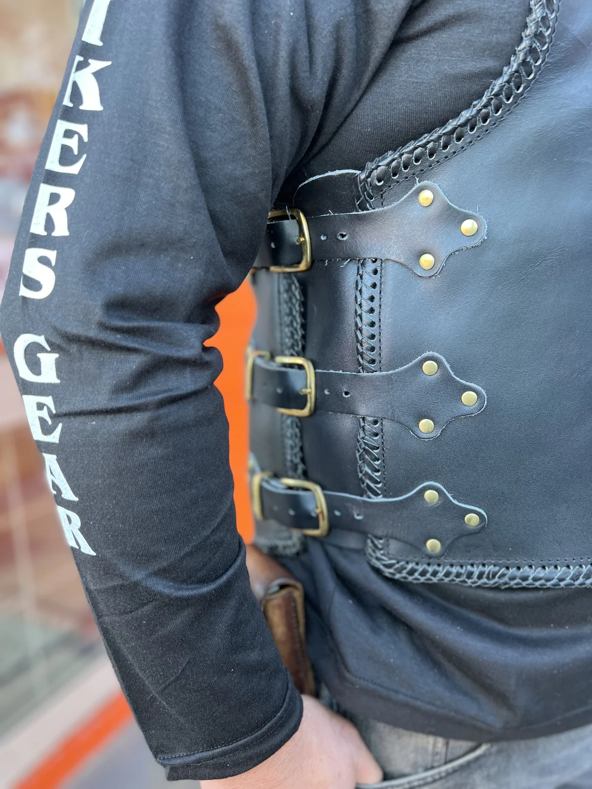 Bikers Gear Australia Atlas 3-4mm HD Leather Black Braided Club Motorcycle Vest Gold Buckles - Image 6
