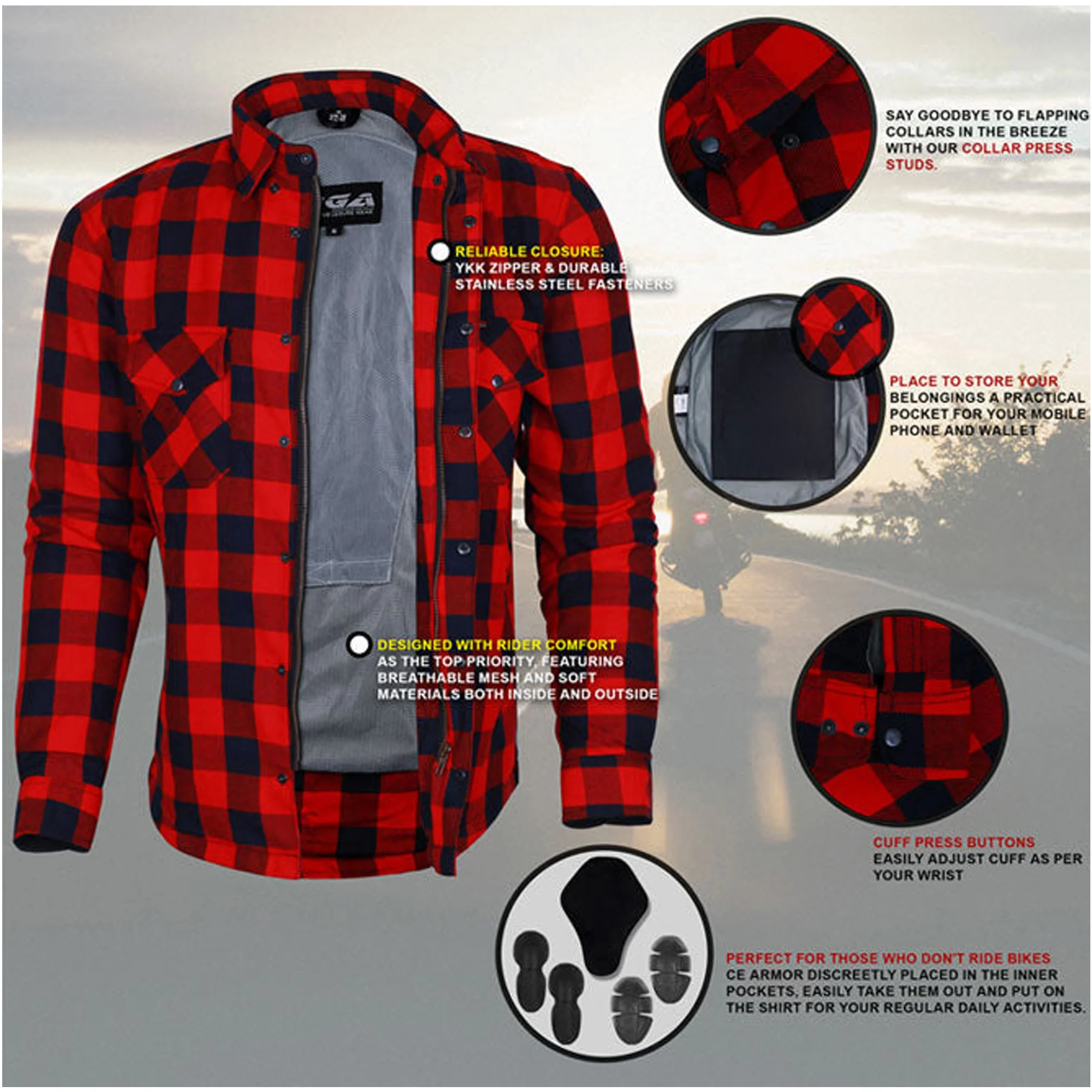 Bikers Gear Australia Exo Protective Lined with Kevlar Motorcycle Shirts Red / Black - Image 8