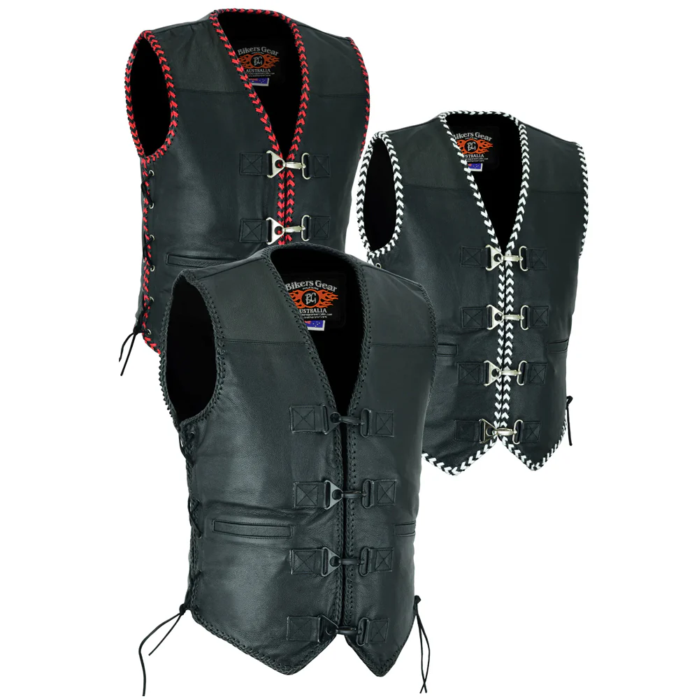 Bikers Gear Australia Men's Rider Leather Motorcycle Vest Red/Black Braided - Image 5