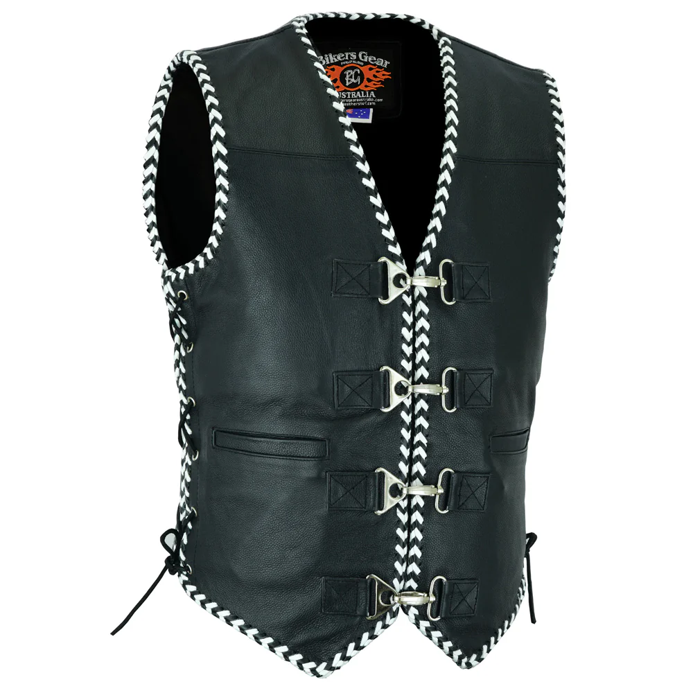 Bikers Gear Australia Men's Rider Leather Motorcycle Vest White/Black Braided - Image 3