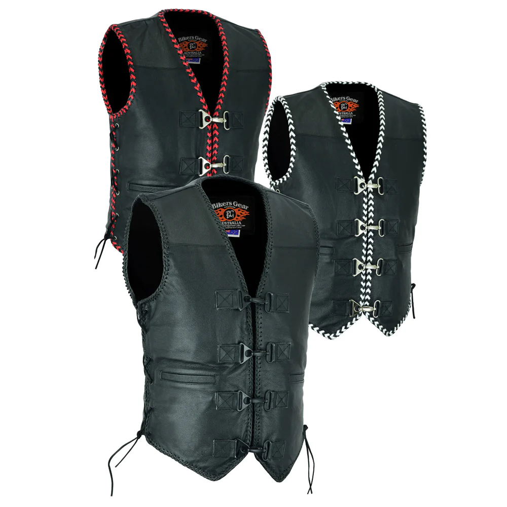Bikers Gear Australia Men's Rider Leather Motorcycle Vest White/Black Braided - Image 5