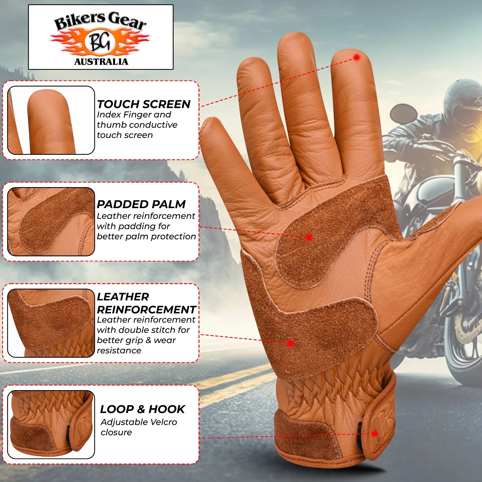 Bikers Gear Australia Rigger 2.0 Motorcycle leather Gloves brown - Image 4