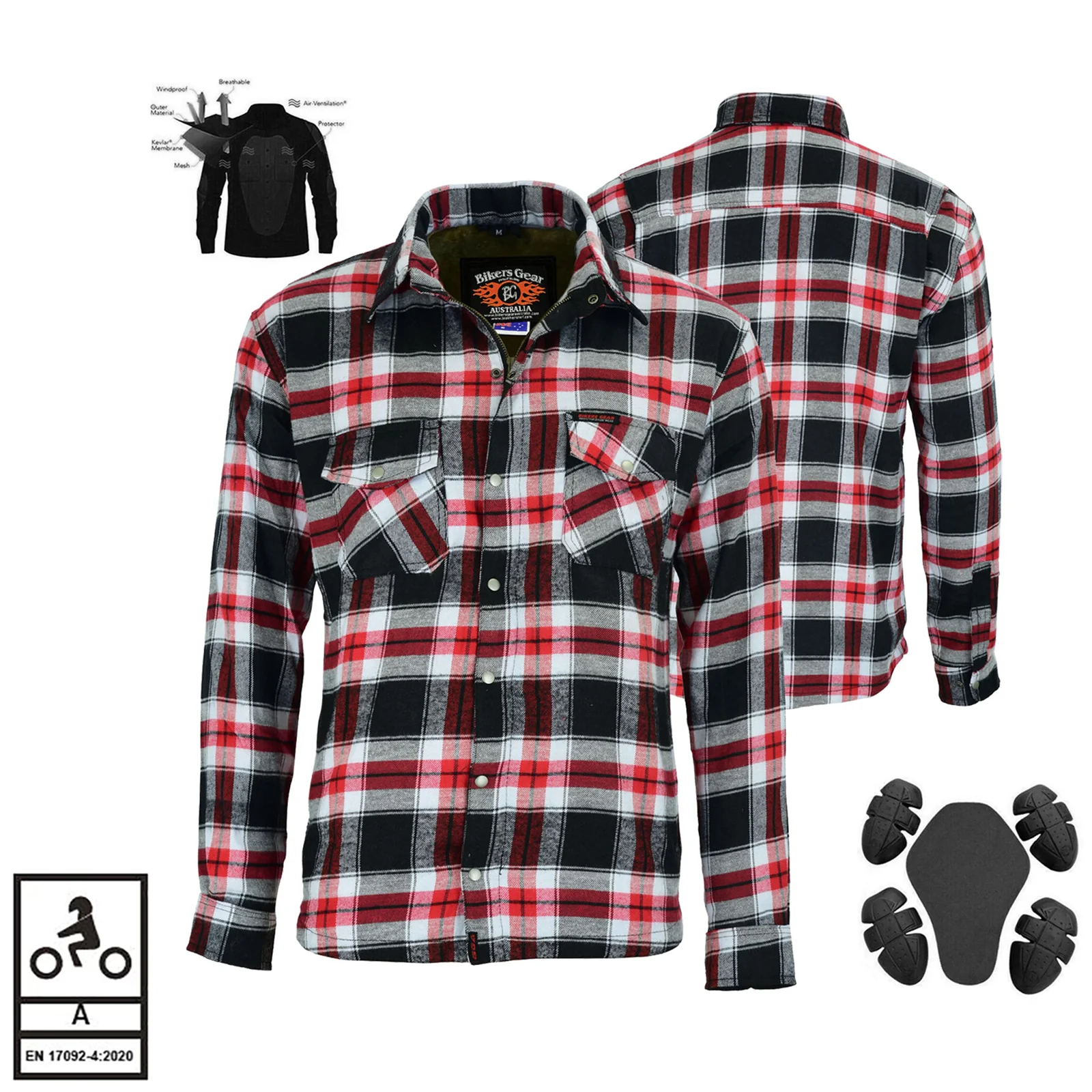 Bikers Gear Australia Timber HD Motorcycle Lined with Kevlar Shirt Red / White / Black