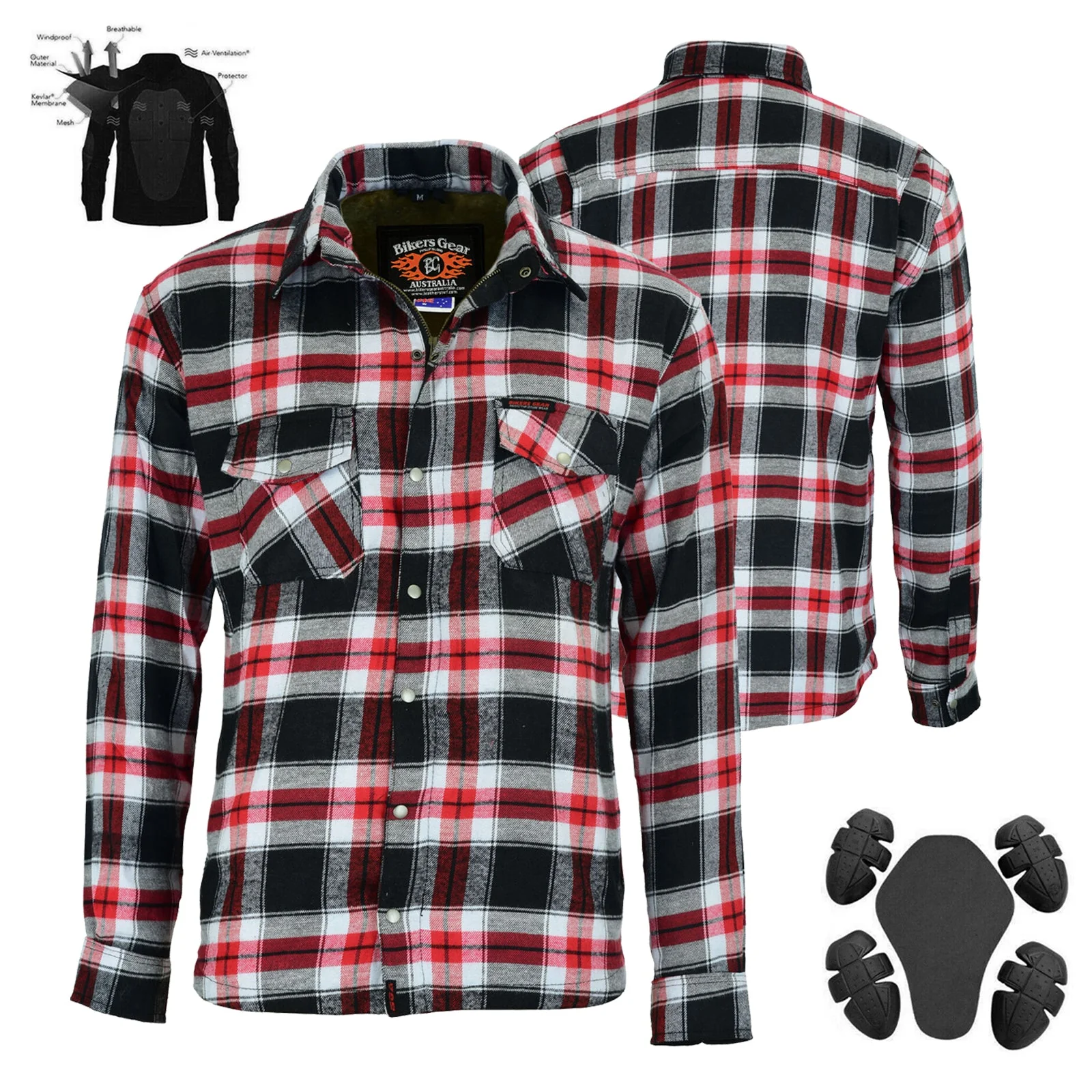 Bikers Gear Australia Timber HD Motorcycle Lined with Kevlar Shirt Red / White / Black - Image 3