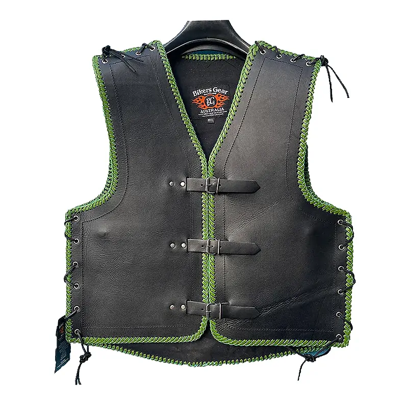 Bikers Gear Australia Vigor HD 3-4mm Leather Motorcycle Vest NZ Black / Green
