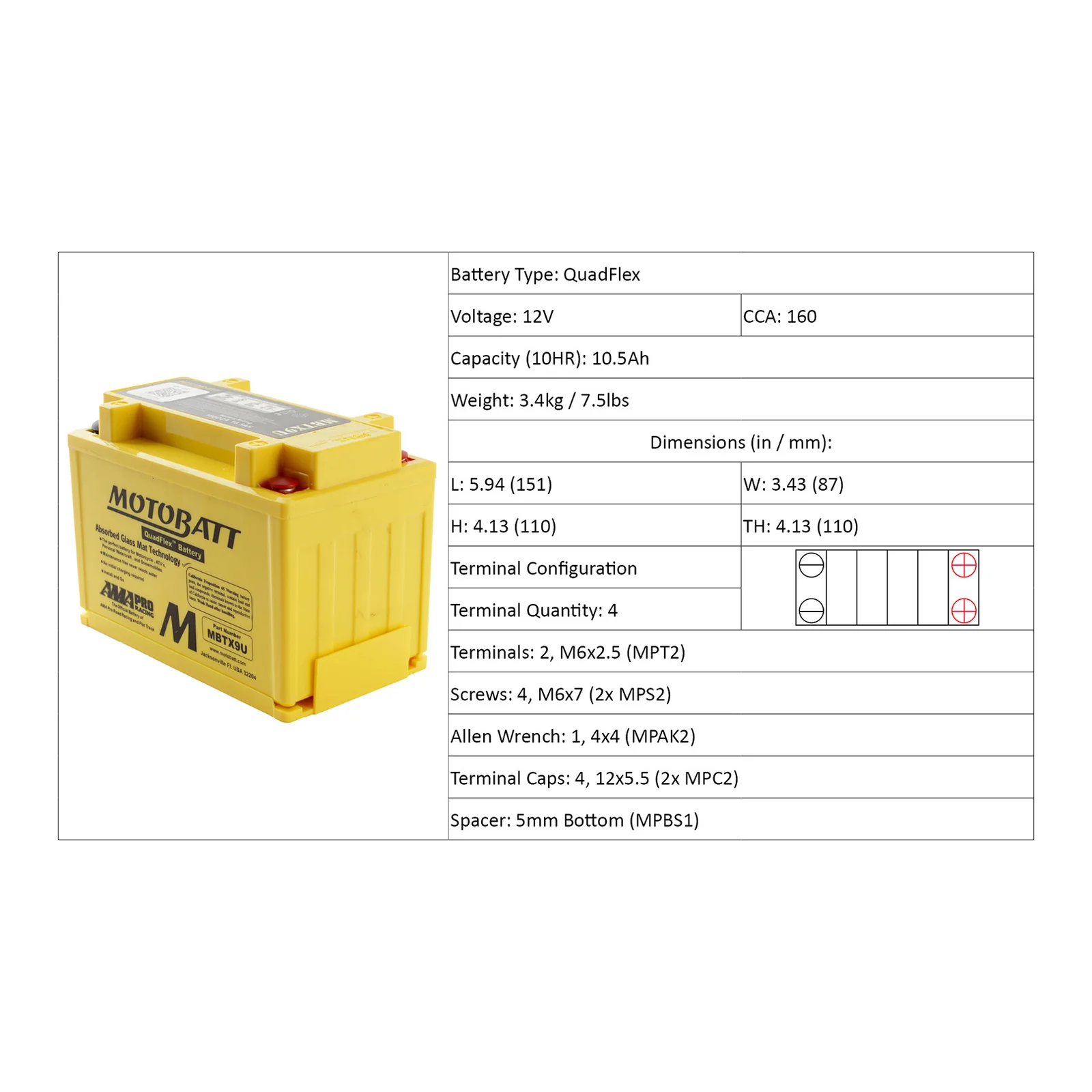 Motobatt Battery Quadflex AGM - MBTX9U - Image 4