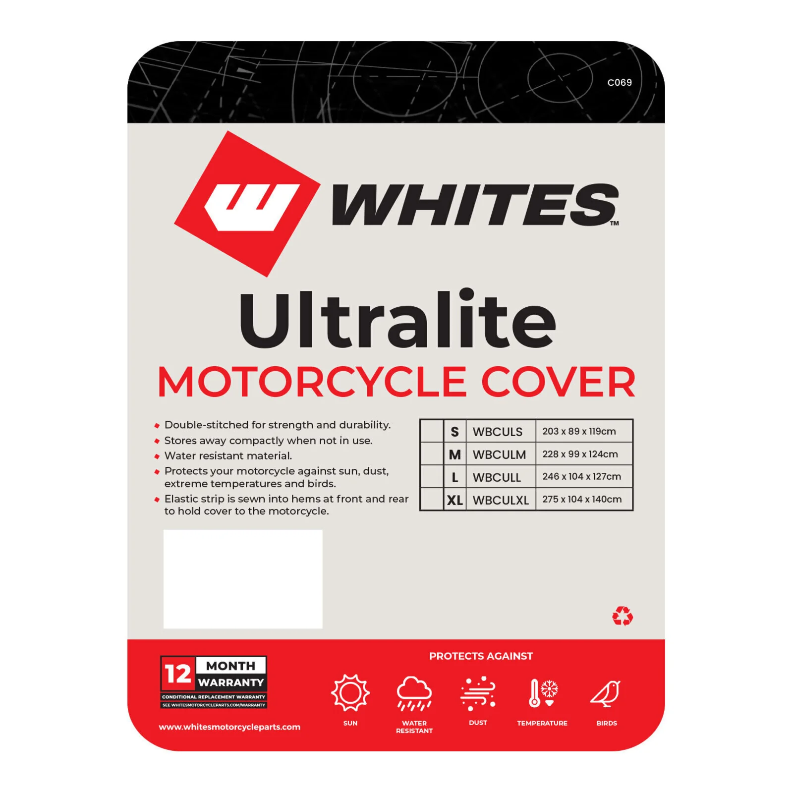 Whites Motorcycle Cover - Ultralite (L) 246 x 104 x 127cm - Image 2